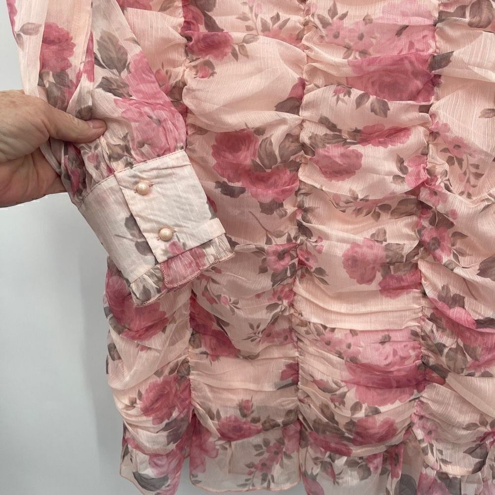 Eilly Bazar Womens Pink Floral Mini Long Sleeve Ruffle Ruched Dress Size Large - Picture 4 of 5